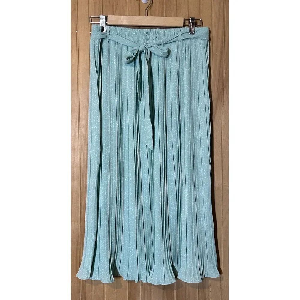 Alice Blue Women's Size Large Belted Midi Skirt Light Green Pleated Polka Dots